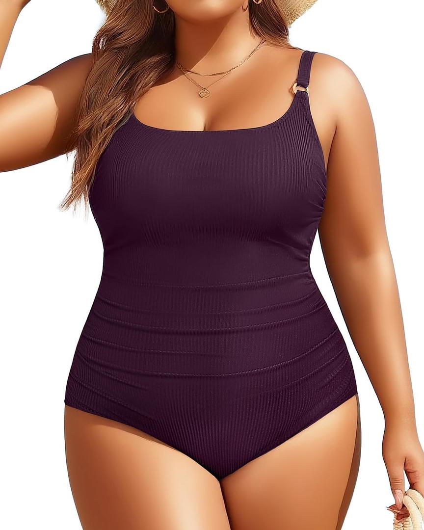 Women's Plus Size One Piece Swimsuit- Tummy Control Bathing Suit Ribbed Square Neck Swimwear 2025 (Purple, M)