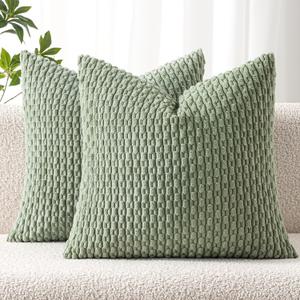 MIULEE Pack of 2 Decorative Throw Pillow Covers 18x18 Inch Soft Boho Striped Textured Corduroy Pillow Covers Modern Farmhouse Home Decor for Couch Bed Sofa Living Room Sage Green