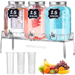 Lallisa 3 Pcs 2.5 Gallon Beverage Dispensers for Parties Glass Drink Water Dispenser with Stand Stainless Steel Leakproof Spigot Ice Cylinder Hanging Chalkboard Signs Pen (Silver)