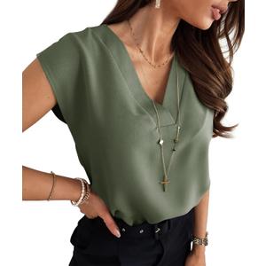 Lynwitkui Women's V Neck Chiffon Blouses Cap Sleeve Shirts Casual Loose Work Office Solid Tops, X-Large