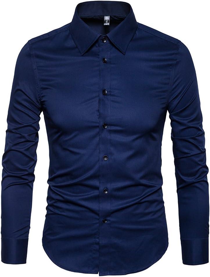 Manwan walk Men's Slim Fit Business Casual Cotton Long Sleeves Solid Button Down Dress Shirts (Large, Navy Blue)