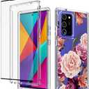 Case for Galaxy Note 20 Ultra 5G N986U Case with Tempered-Glass Screen Protector, Clear Floral Pattern Full Body Protective Phone Cover Cases for Samsung Galaxy Note 20 Ultra (Purple Flower)