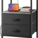 Huuger Night Stand with Charger Station, 27.7 Inch Tall Nightstand, Bed Side Table with 2 Fabric Drawers, Fabric Drawer Dresser for Bedroom, Living Room, Grey (Charcoal Gray and Black)