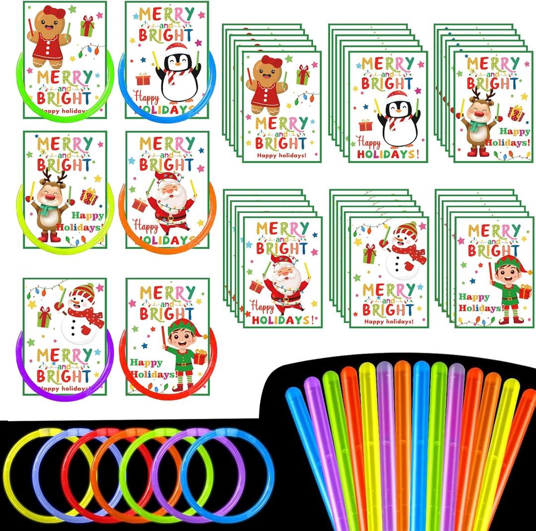 Christmas Party Favors 36Pcs Christmas Glow Stick Bracelet 36Pcs Merry Cards for Xmas Exchange Gifts Classroom School Glow in the Dark Party Supplies