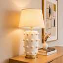 Modern White Ceramic Table Lamp, 27" Linden Ball Lamp Tapered Drum Shade Farmhouse Large Nightstand Design for Living Room, Bedroom and Office