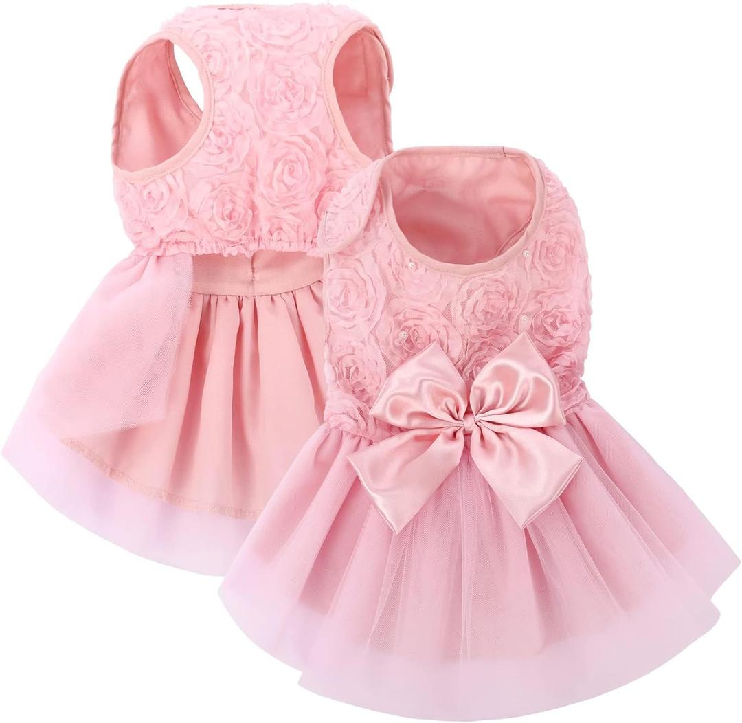 ASENKU Dog Dress Pet Wedding Dress Princess Lace Puppy Birthday Party Outfit Formal Apparel Girl for Dogs Cats (Large, Pink)
