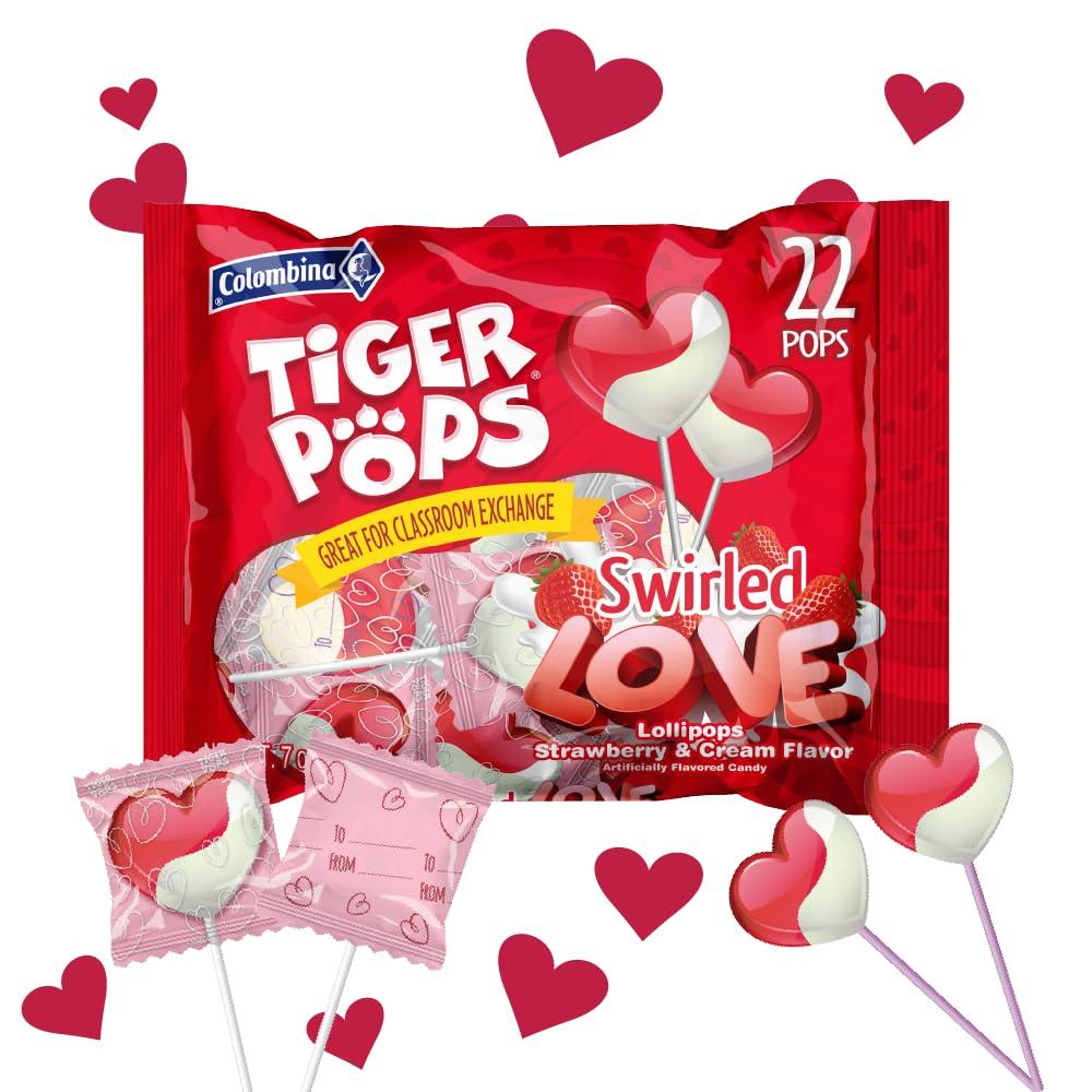 Colombina Swirled Love Tiger Pops, Strawberry and Cream Flavored, Individually Wrapped Lollipops, Perfect for Valentine's Day Gifts, 22 Count (Pack of 1)