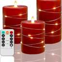 Red flameless Candles with Remote Control Timer Battery Operated LED Pillar Candles 4 5 6 Fake Candles with String Lights Set of 3 for Christmas or Special Festivals Decorations