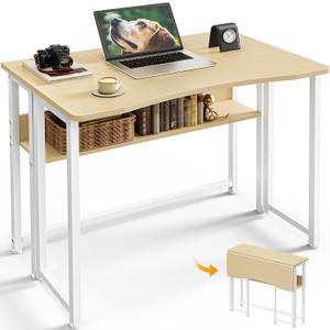 Huuger Folding Desk with Storage Shelf, 31.5 Inch Foldable Computer Table for Small Spaces, Space Saving Sofa Table for Couch, Writing Work Office Computer Desk, Easy to Fold, Oak, 18.5"D x 31.5"W