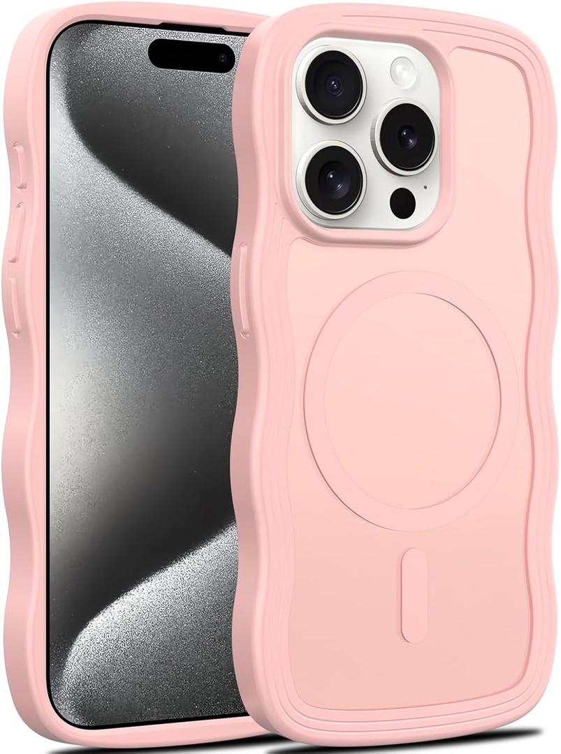 Magnetic for iPhone 15 Pro Case, (Compatible with Magsafe) Curly Wavy Frame Hard Translucent Matte Clear Back Cover for Women Men TPU Bumper Shockproof Phone Case (Pink)