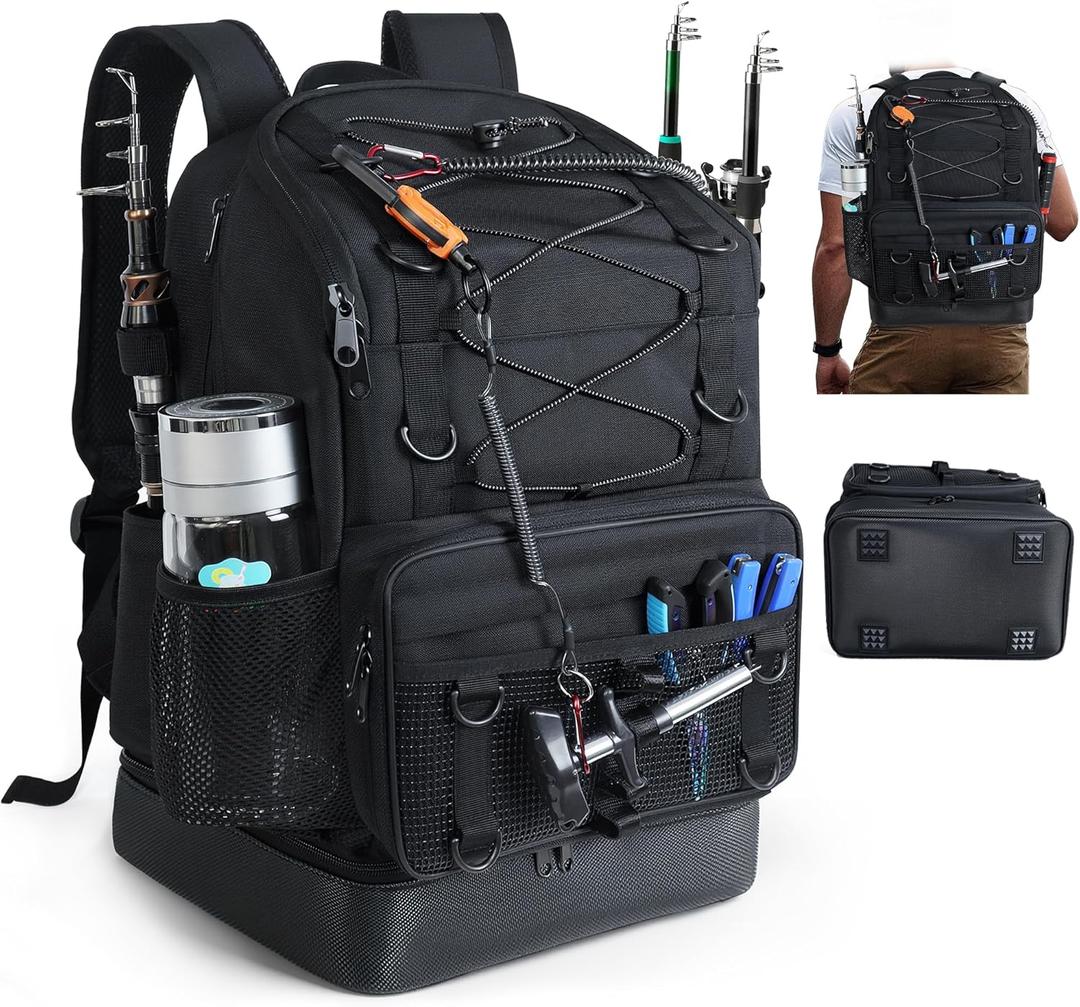 SKAITU Fishing Backpack with Rod Holder, Heavy Duty Fishing Bag with Waterproof Bottom, Tackle Backpack Gifts for Man Woman (Black-30l: (Without Box))