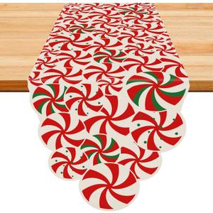 Christmas Table Runner Candy Cane Swirl Lollipops Red Table Decoration for Home Seasonal Winter Xmas Holiday Indoor Kitchen Dining Decor 13x90 Inch