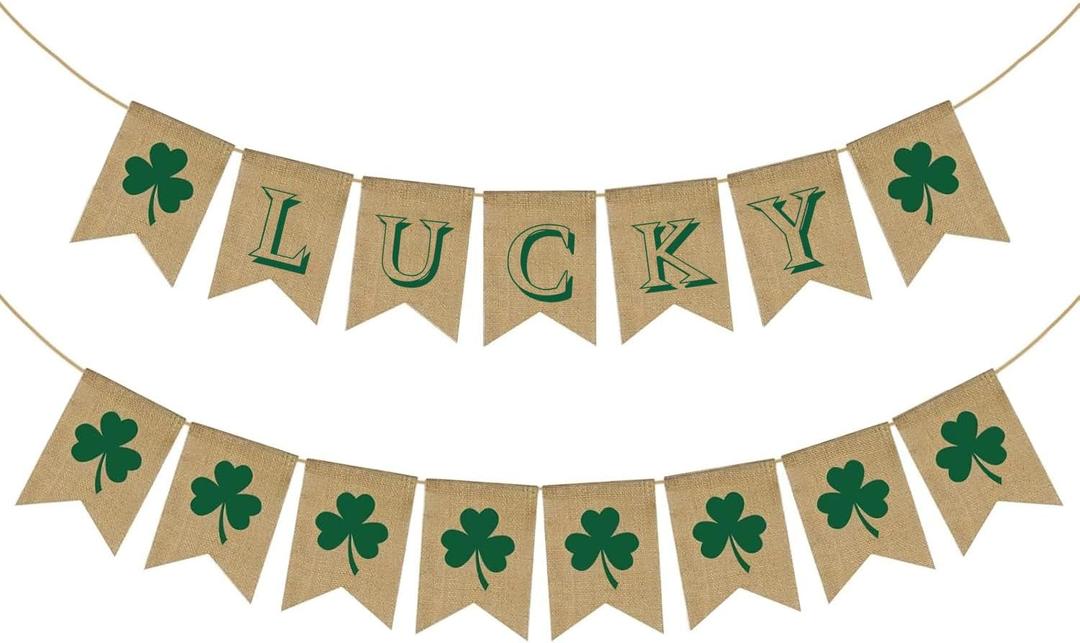 2 x Happy St. Patrick's Day Decorations Decor Banner Backdrop for Home Office Burlap, St. Patrick's Saint Patrick Day Decorations Banner for Wall Fireplace Mantel Indoor Outdoor