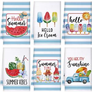 Sratte 6 Pcs Summer Kitchen Towels Watermelon Gnome Tea Dishtowels 24 x 16 Inch Farmhouse Absorbent Blue White Stripe Hello Summer Hand Bathroom Towels for Kitchen Bathroom Decor