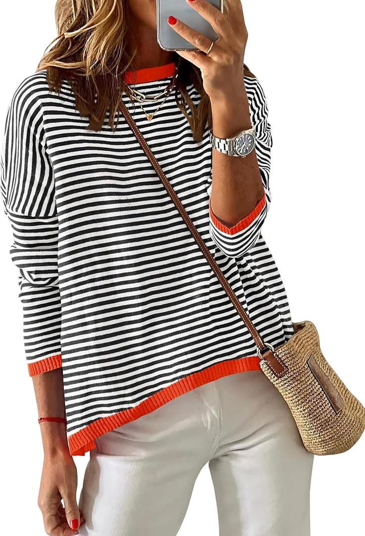 ZESICA Women's Fall Striped Sweaters Long Sleeve Crew Neck Shirts Color Block Lightweight Pullover Tops (S)