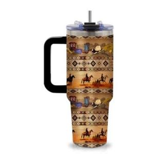 xiiai Western Cowboy Gifts - Retro Cowboy Tumbler 40oz with Handle and Straws, Leak-proof, Stainless Steel Insulated Travel Coffee Mugs, Farm Lovers Cup, Gift for Men Cowboy Culture Fans Birthday, 1Pc