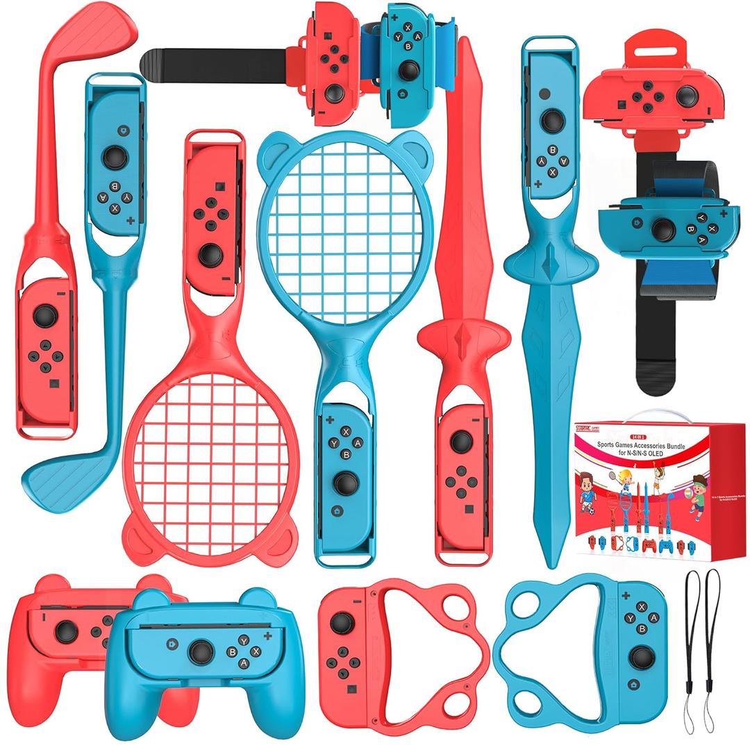 Switch Sports Accessories Bundle, 14 in 1 Sports Games Accessories Kit for Nintendo Switch/OLED Console & Joycons, Family Sports Party Pack Kit with Golf Clubs, Tennis Rackets, Swords