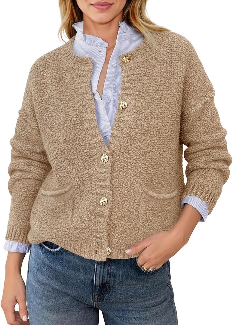 Saodimallsu Women's Chunky Knit Cardigan Button Down Crewneck Long Sleeve Cropped Sweater with Pockets (L)