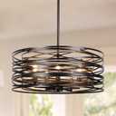 ACNKTZ 19.7'' Farmhouse Dining Room Light Fixture, 5-Light Metal Drum Chandelier, Black with Retro Wood Texture Interior