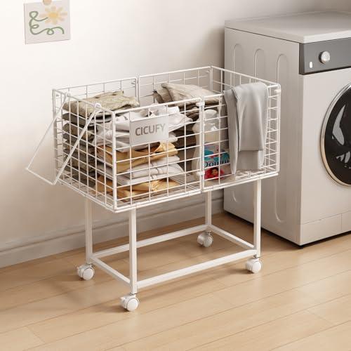CICUFY Rolling Laundry Cart, 80L Wire Laundry Hamper Basket on Wheels, Dirty Clothes Basket with Handle, Metal Clothes Hamper Organizer for Laundry Room, Bathroom, Bedroom, Dorm, White