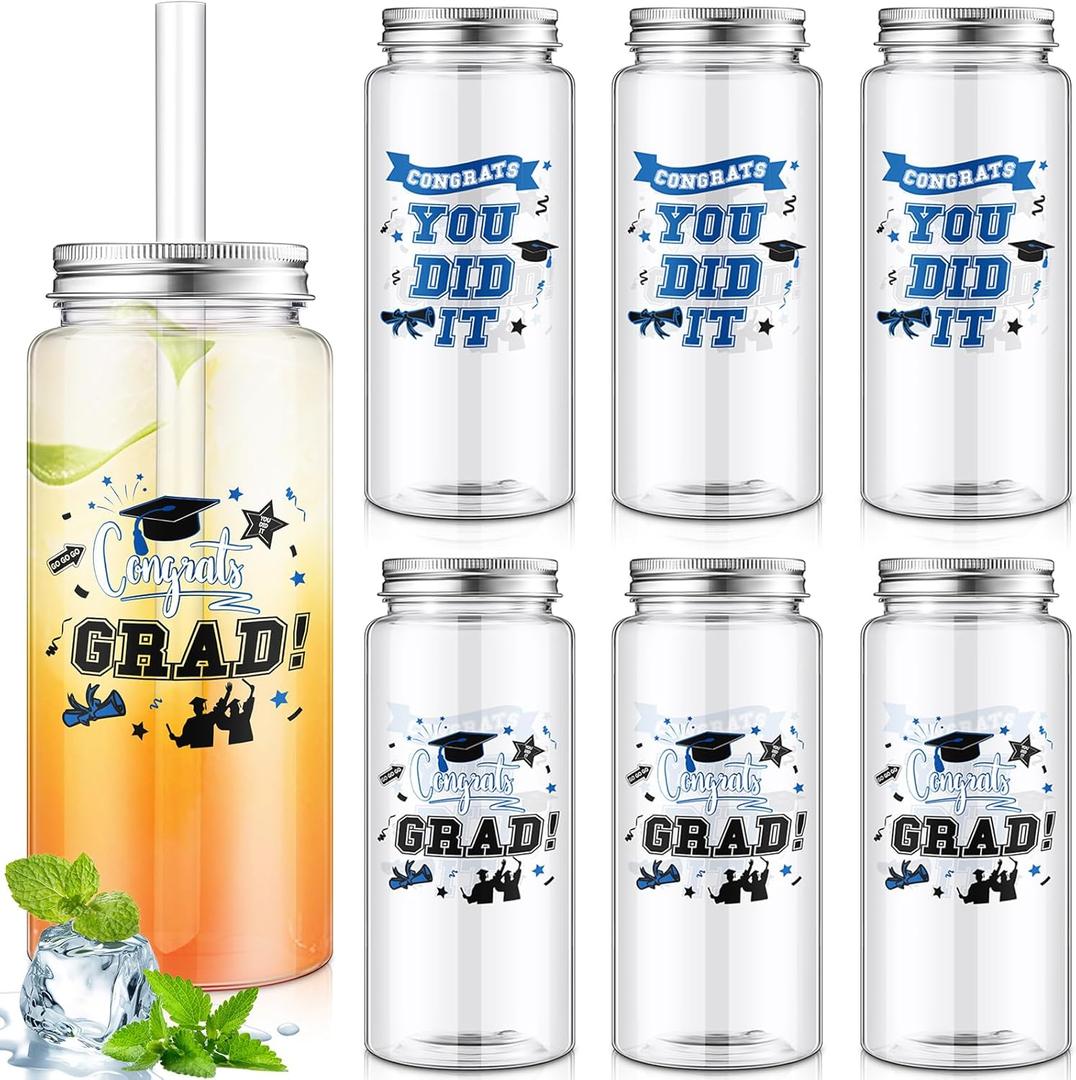 Skylety 24 Pcs Graduation Plastic Cups with Lid and Straws 13. 5 oz Class of 2025 Clear Plastic Tumblers Reusable Coffee Tea Hot Cocoa Beverage Tumbler for Congrats Grad Favors Supplies(Blue)