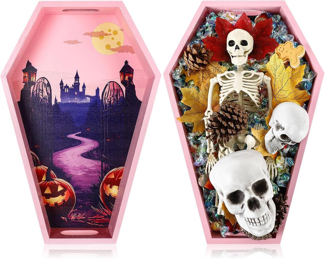 Leinuosen 1 Pack Halloween Wooden Coffin Tray 14" Halloween Charcuterie Board Coffin Serving Trays Wooden Spooky Gothic Home Table Decoration for Party Kitchen Decoration(Pink Horror)