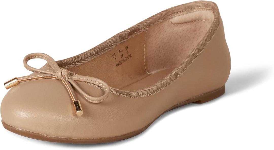 Amazon Essentials Women's Comfortable Round Toe Ballet Flats with Bow (8, Beige)