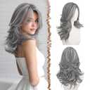 FESHFEN Wavy Layered Wig with Curtain Bangs for Women, 20 Inch Grey Long Synthetic Natural Looking Middle Part Hair Wig For Costume Party Daily Use