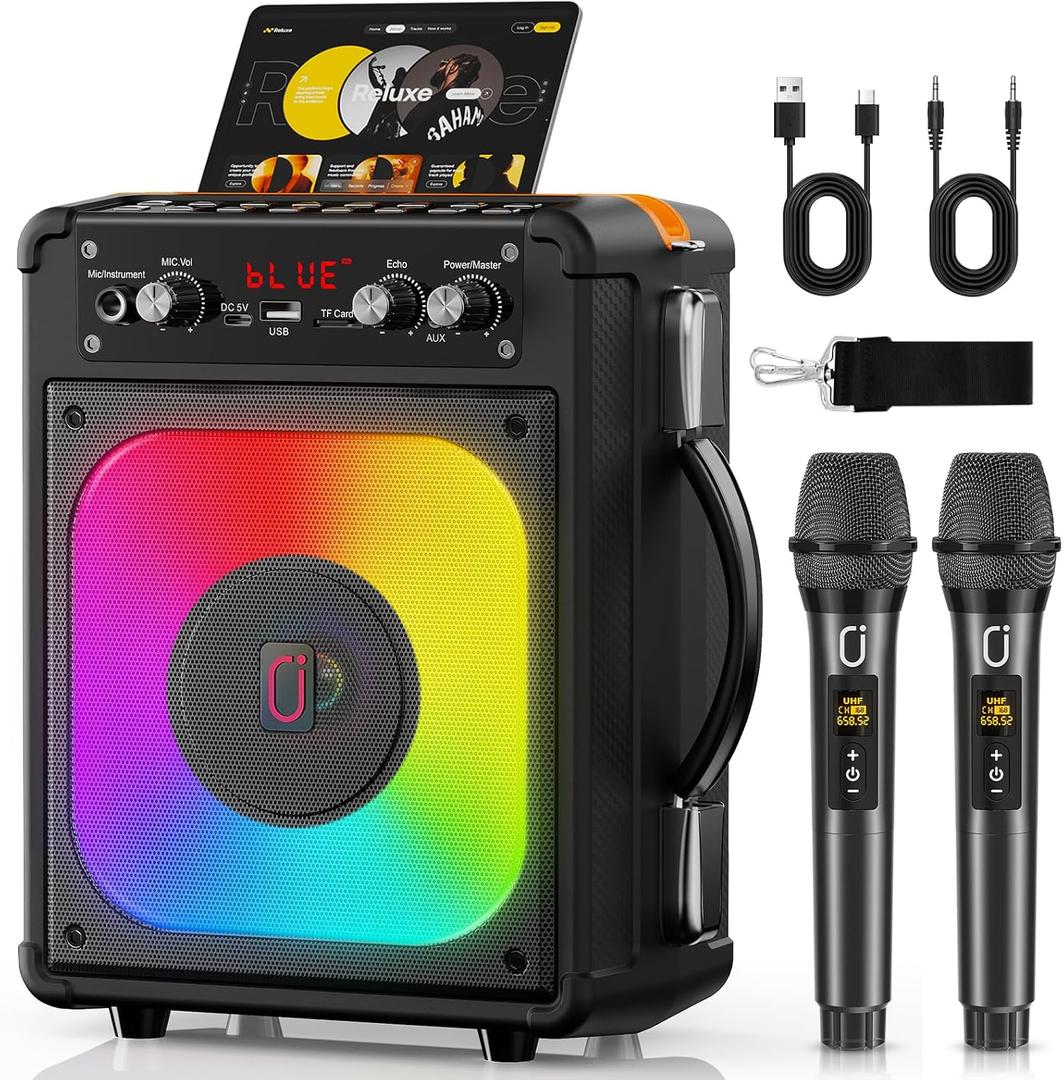 HWWR Karaoke Machine, Portable Bluetooth Speaker with 2 Wireless Microphones for Adults & Kids,Karaoke Speaker for Parties and Gatherings, PA System Supports TWS/USB/TF/REC/AUX and TV Connected (Black)