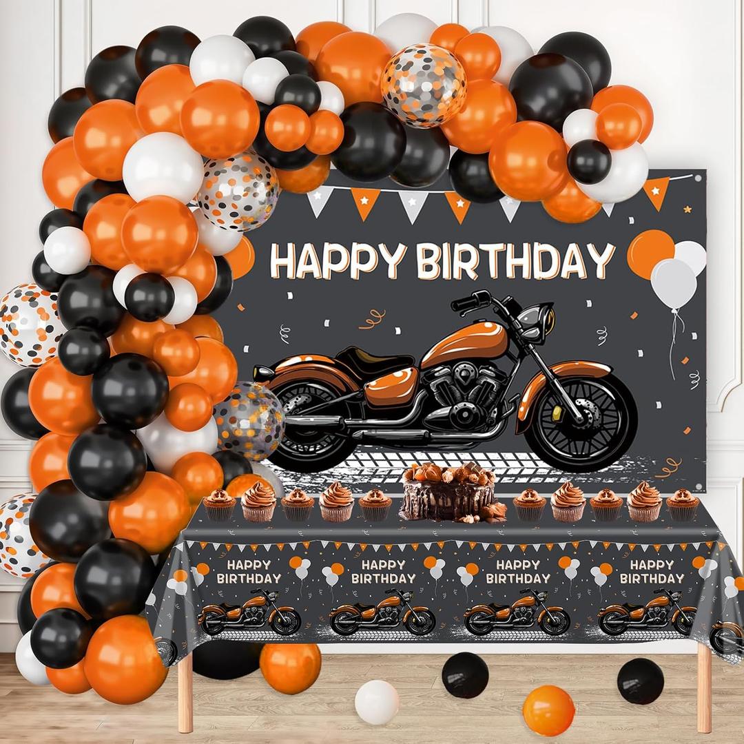 MEHOFOND Motorcycle Birthday Decorations for Boys Orange Black Balloon Arch Kit Happy Birthday Banner with Plastic Tablecloth Motocross Racing Balloon set Dirt Bike Birthday Party Decoration
