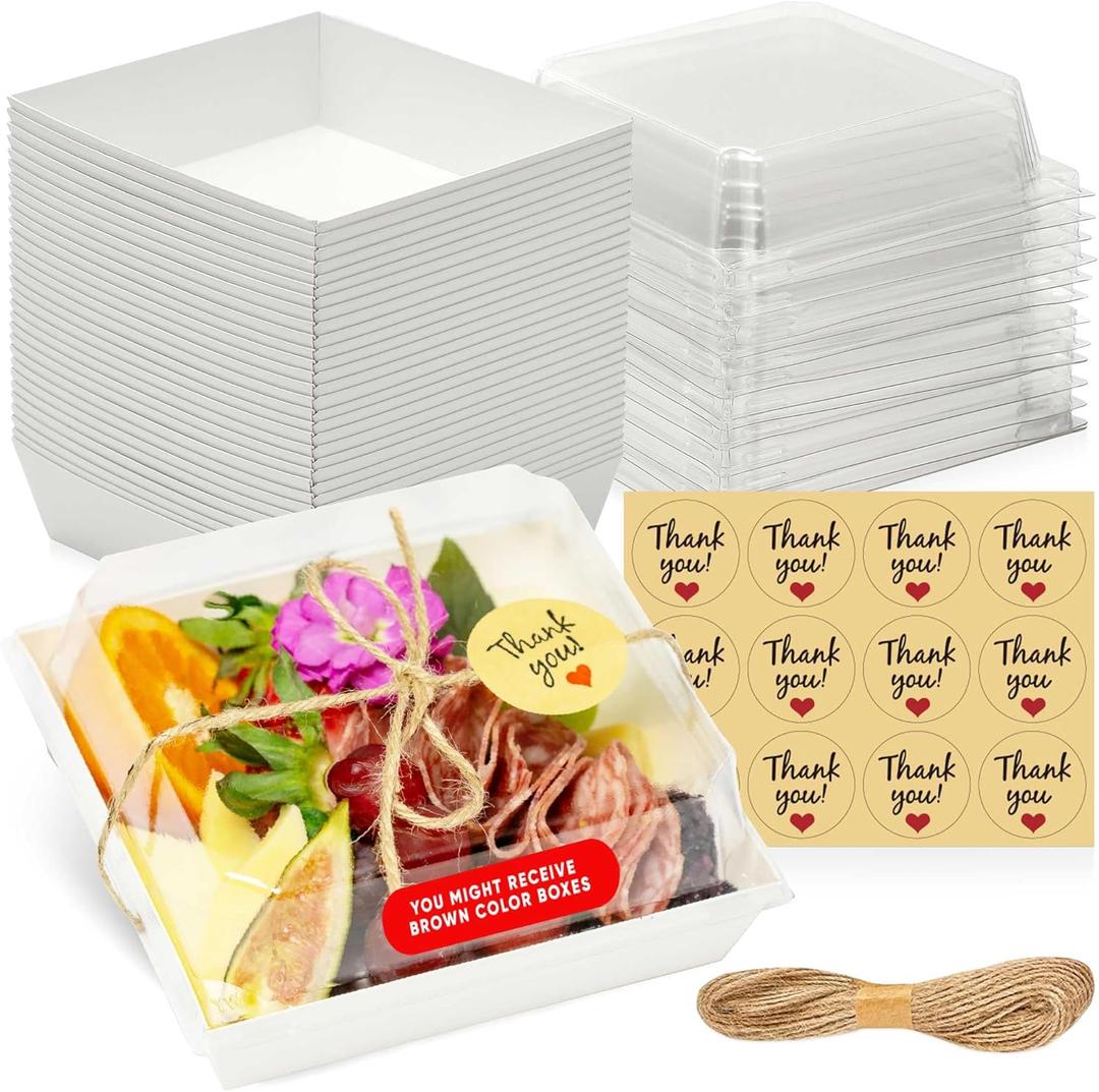 50 Pack Small Charcuterie Boxes with Clear Lids - To Go Paper Mini Charcuterie Box, Disposable Food Containers, 5Inch Dessert Boxes - Sandwich, Cookie, Sushi, Cake Slice, Strawberries (White)