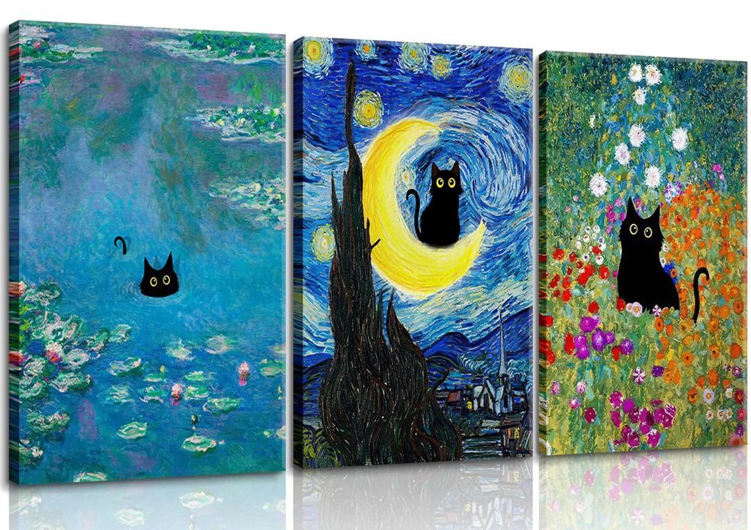 3 pcs Funny Black Cat Wall Art in pink Water Lilies Cat Posters Vintage Starry Sky Famous Oil Paintings Aesthetic Animal Floral Canvas Prints for Bedroom Living Room Bathroom Wall Decor 16x24in Canvas