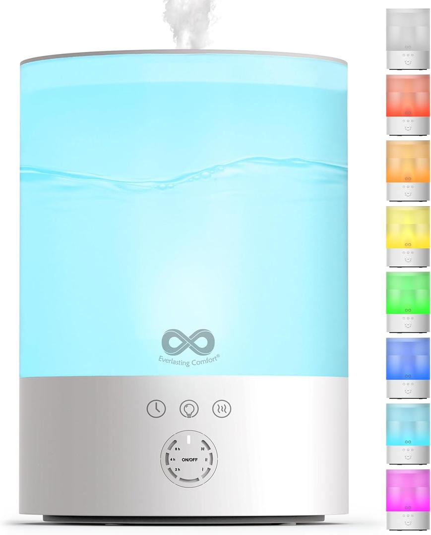Everlasting Comfort 2.5L Top Fill Humidifier for Bedroom  Quiet, Easy to Fill & Clean, 24HR Runtime, Night Lights, Timer, Ultrasonic Cool Mist, Auto Shut-Off, Essential Oil Diffuser - White