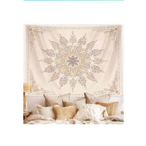 Neasow Bohemian Tapestry Wall Hanging, Beige White Floral Tapestry with Medallion Print Bedroom Boho Home Decor, WhiteSimple, Small 50×60 inches