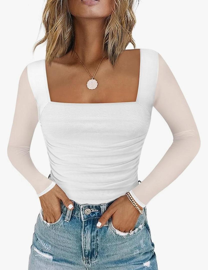 Chunpin Women's Square Neck Bodysuit Ruched Top Mesh Long Sleeve Bodysuits Thong Body Suits Leotard Shirt Going Out M