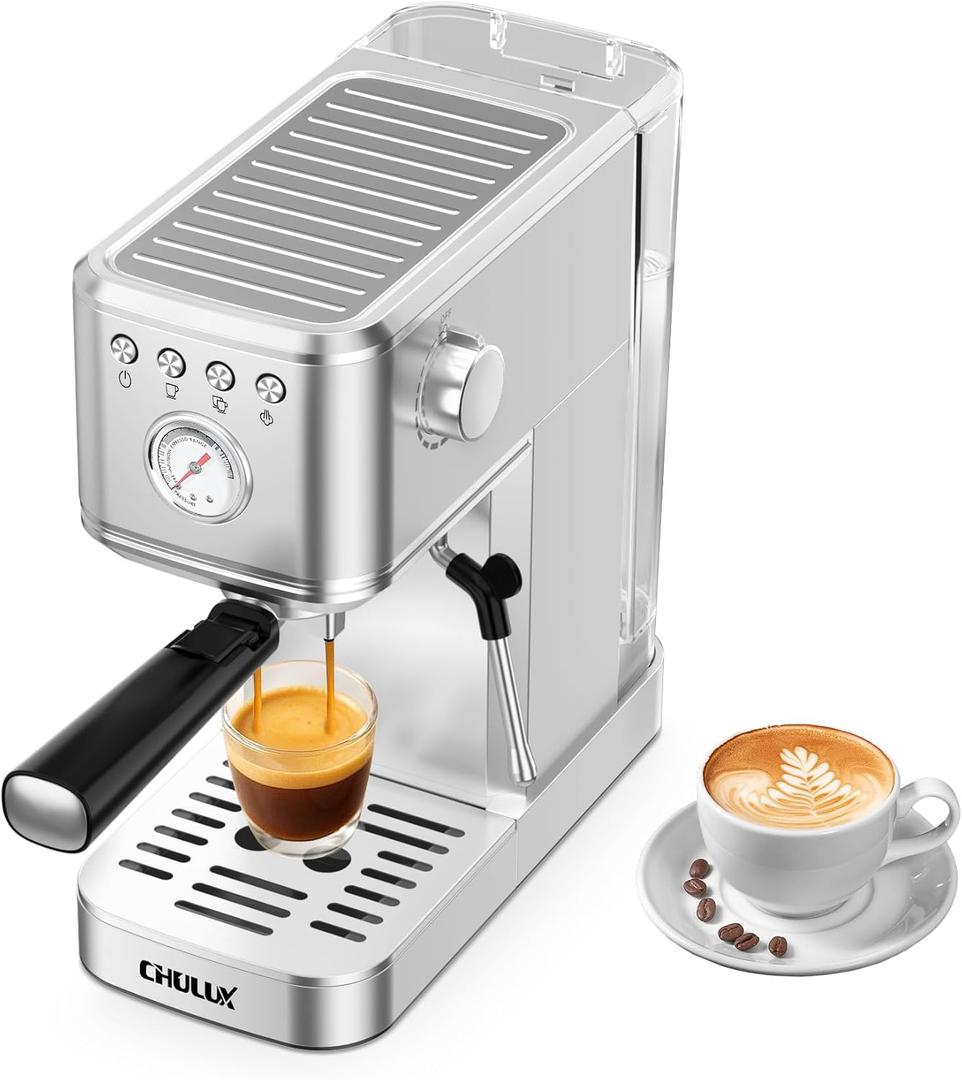 CHULUX Kompatto Espresso Machine 20 Bar with Milk Frother, Stainless Steel Automatic Espresso Coffee Machine for Home Latte & Cappuccino Maker, 40oz Removable Water Tank, 1350W