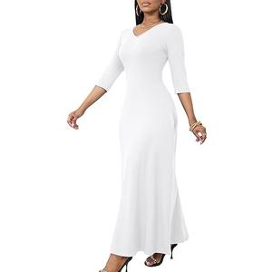 FANDEE Maxi Dress for Women 3/4 Sleeve Maxi Dresses V Neck Casual Loose Long T Shirt Dresses with Pockets, Size L