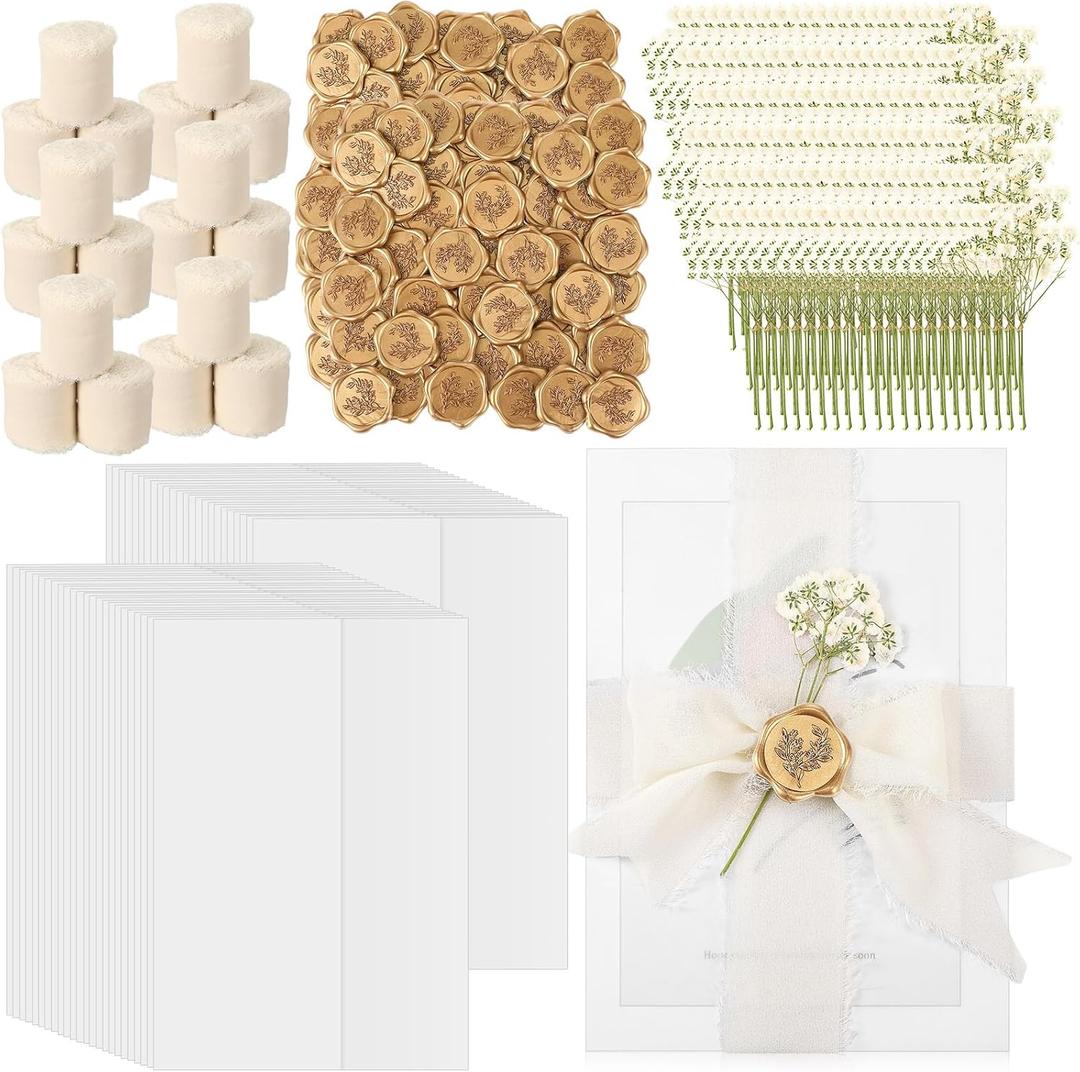 Fuyoooo 100 Set Wedding Invitations Wraps Set Pre Folded Vellum Jackets for 5 x 7 Invitations Self Adhesive Gold Wax Seal Stickers Dried Baby's Breath Flowers Chiffon Silk Ribbon for Craft DIY