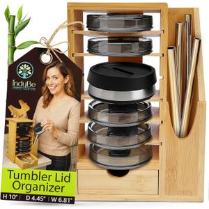 Bamboo Tumbler Lid Organizer  Space Saving Multi-Tier Storage Rack with Straw Holder and Gasket Drawer  Vertical Cup Lid Organizer for Cabinet, Kitchen Countertop - Single Bamboo Tumbler Lid Organizer  Space Saving Multi-Tier Storage Rack with Straw Holder and Gasket Drawer  Vertical Cup Lid Organizer for Cabinet, Kitchen Countertop - Single