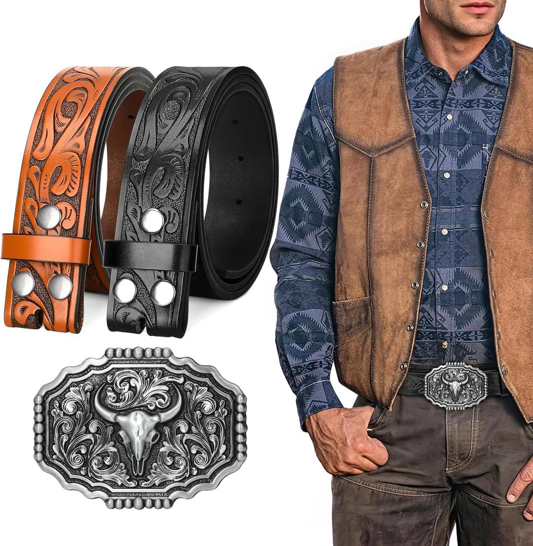 SANSTHS 2 Pack Cowboy Western Belt Strap with a Buckle, Men Women Embossed Cowboy Cowgirl Belt Strap for Jeans Gifts