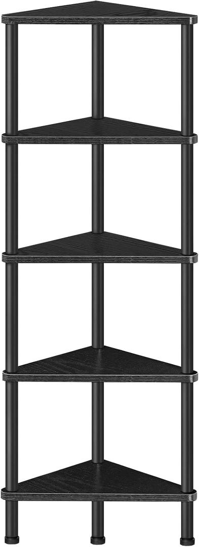 HOOBRO Corner Shelf Stand, Industrial 5-Tier Wall Corner Bookshelf with Metal Frame, Plant Display Shelf, Bookcase for Small Spaces, Bedroom, Living Room, Black BK33CJ01