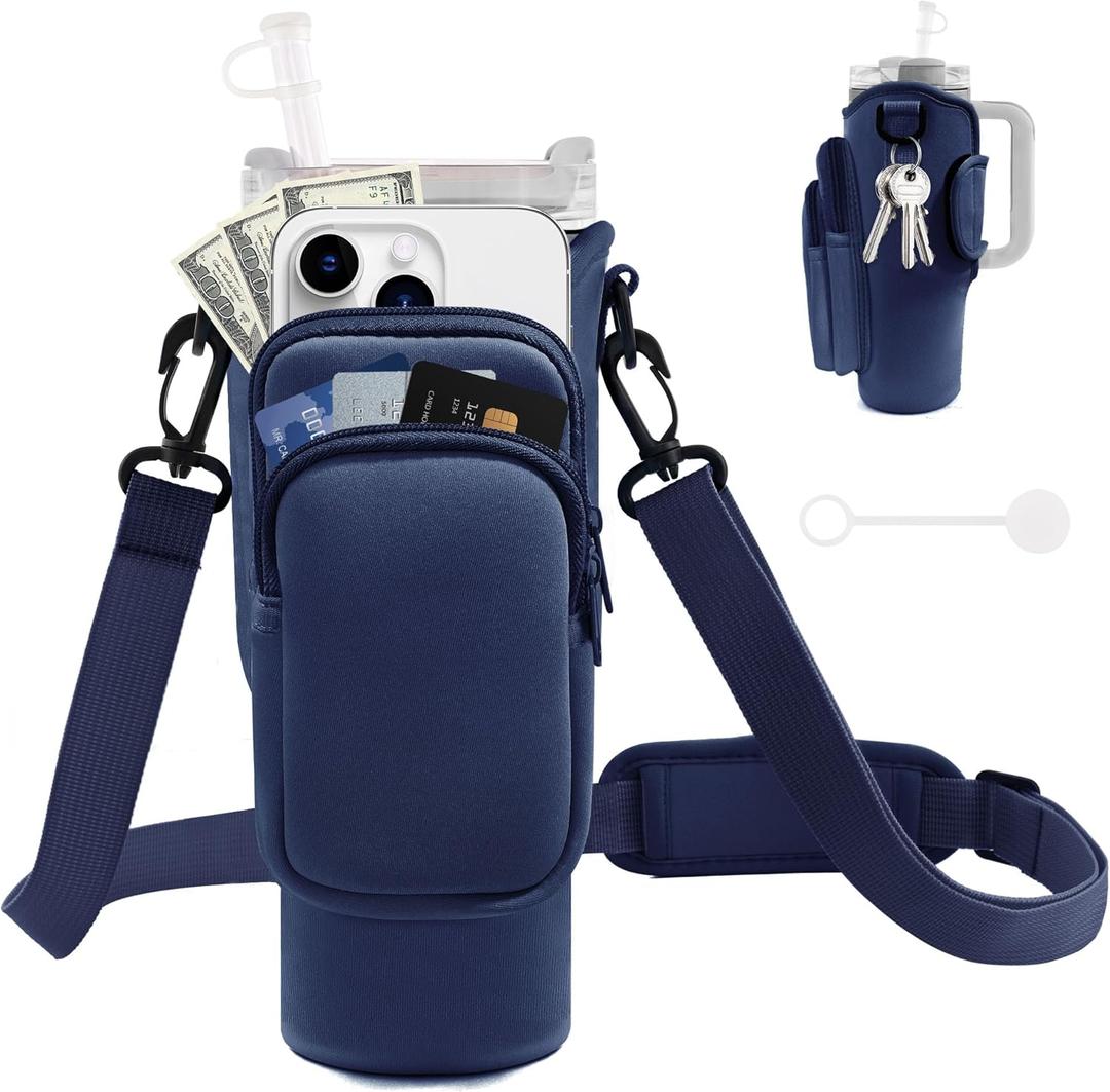 Water Bottle Carrier Bag with Phone Pocket for Stanley Cup 40/30 oz, Water Bottle Holder with Adjustable Strap& Straw Cover, Stanley Cup Accessories (06 Prussian Blue)