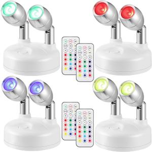 Honoson 4 Pack Dual Head Battery Operated Spotlights Indoor Wireless RGB LED Spot Light with Remote 13 Color Accent Lights with Rotatable Head Stick on Wall Hallway, for Painting Picture(White)