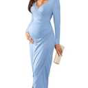 AISWI 2025 Spring Women's Maternity Wrap Nursing Dress V Neck Long Sleeve Semi Formal Pregnancy Maxi Dresses, Light Blue, X-Large