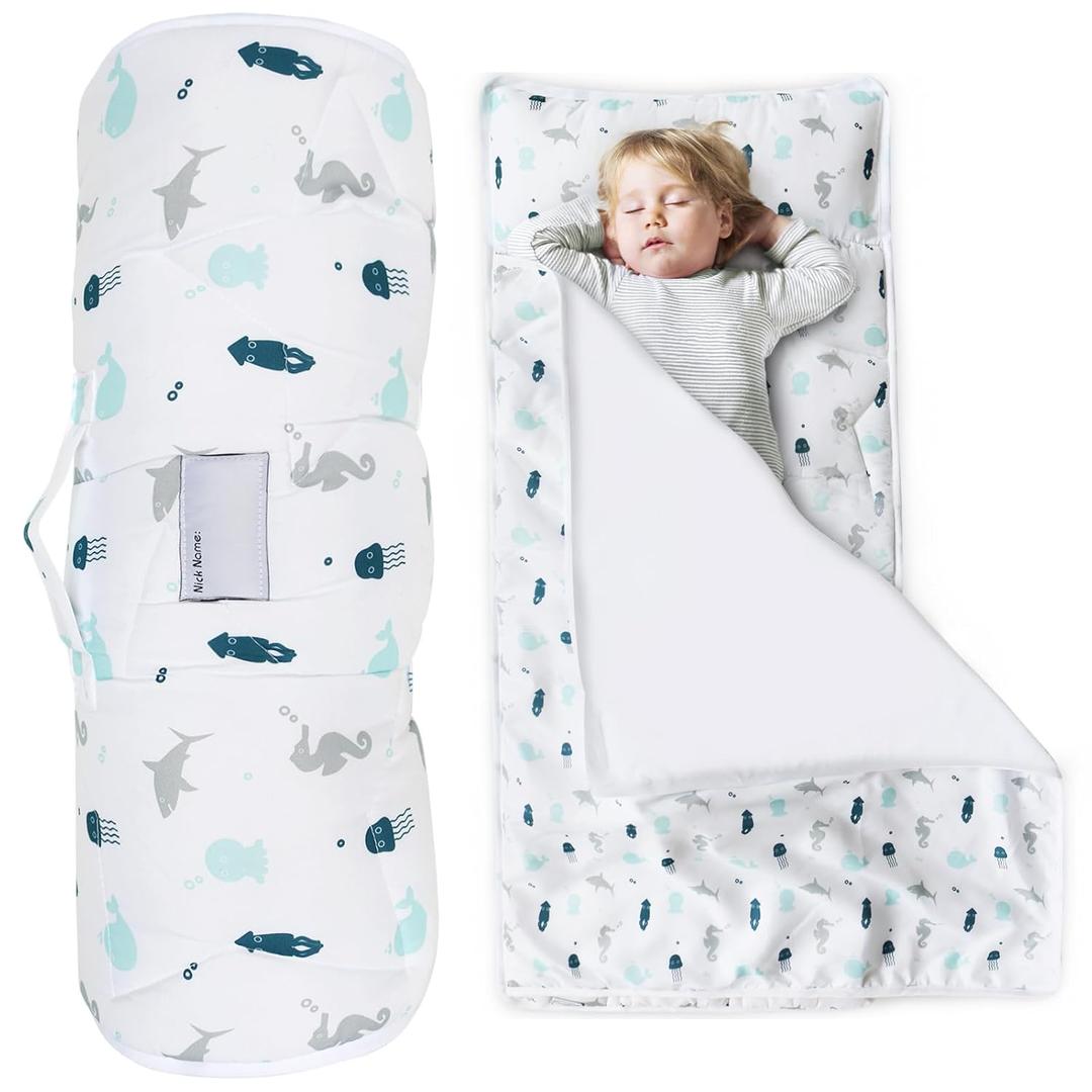 Toddler Nap Mat with Blanket 50" x 21" x 1.5", Nap Mat for Boys Girls Super Soft and Cozy, Kids Sleeping Bag for Preschool, Daycare, Toddler Sleeping Bag, White