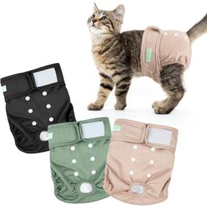 Wegreeco Cat Diapers, Cat Diapers for Male Female Cats Spraying Incontinence, Reusable Adjustable Highly Absorbent (3 Pack, Small) (Green, Gold, Black)