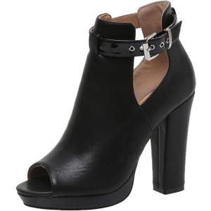NIGXWNS Women's Open Peep Toe Booties Summer Cutout Heels Ankle Strap Buckle Heeled Shoes Chunky Block Heel Dressy Sandals Black 10