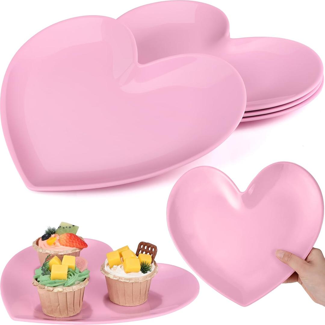 Nuogo 4 Pcs 11" Valentine's Plates Heart Shaped Melamine Plates Large Unbreakable Heart Dessert Dinner Charger Salad Serving Charger for Valentine's Party Anniversary Dating Wedding Table Decor (Pink)