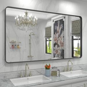 60x36 Matte Black Bathroom Mirror, Modern Rectangle Metal Framed Mirrors for Wall, Rounded Corners, Shatter-Proof (Horizontal/Vertical)