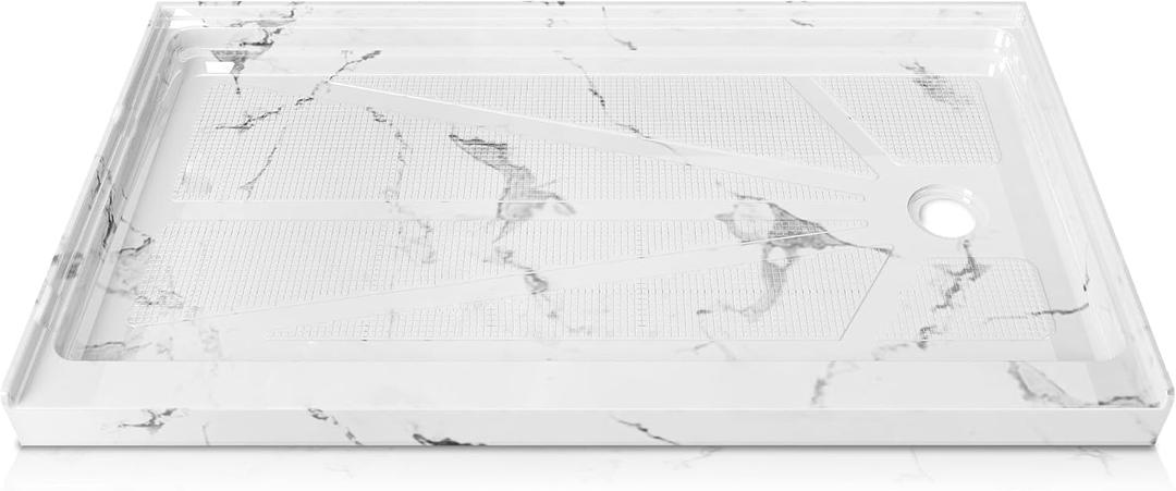 CKB 60 in. L x 34 in. W Single Threshold Shower Base, Right Drain Shower pan with Slip Resistant Textured Surface, Jazz (Marble) White Shower Base